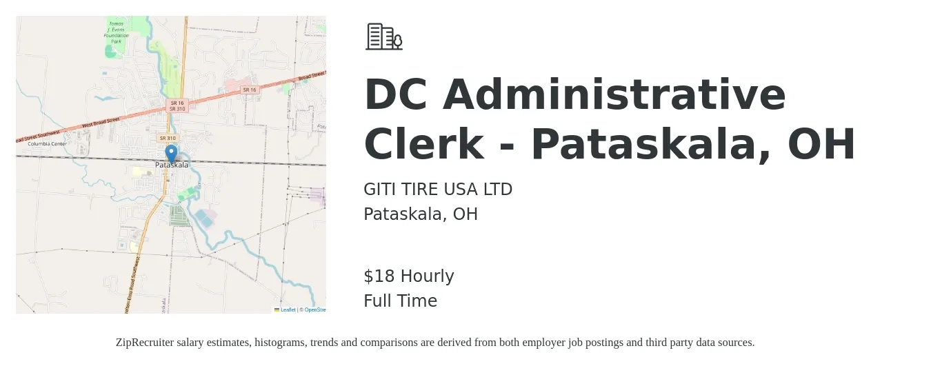 GITI TIRE USA LTD job posting for a DC Administrative Clerk - Pataskala, OH in Pataskala, OH with a salary of $19 Hourly with a map of Pataskala location.