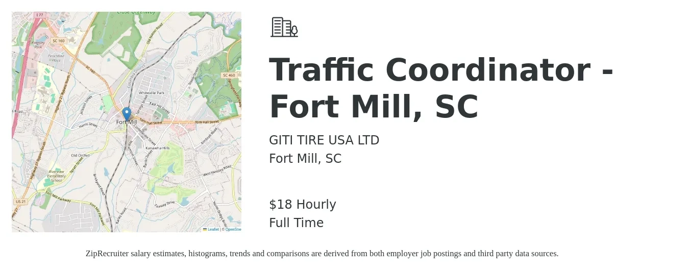 GITI TIRE USA LTD job posting for a Traffic Coordinator - Fort Mill, SC in Fort Mill, SC with a salary of $19 Hourly with a map of Fort Mill location.