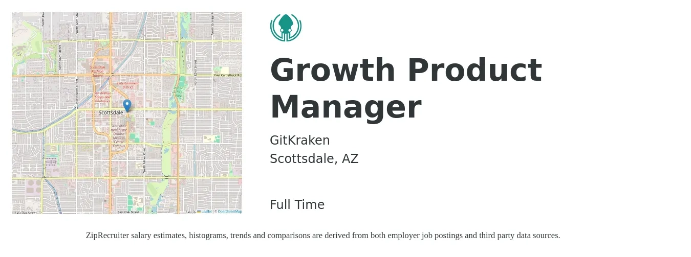 GitKraken job posting for a Growth Product Manager in Scottsdale, AZ with a salary of $142,100 to $198,500 Yearly with a map of Scottsdale location.