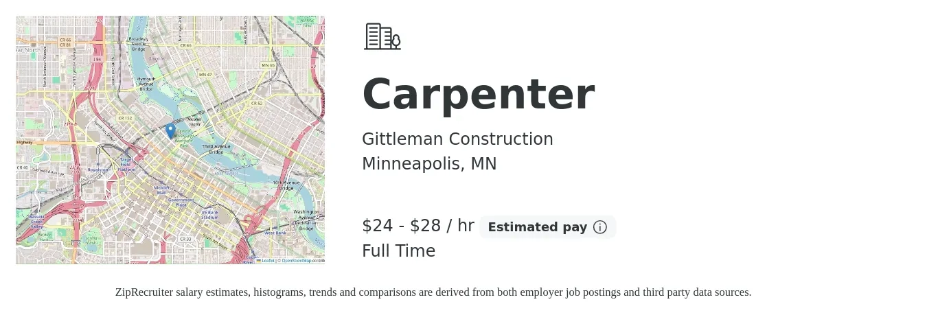 Gittleman Construction job posting for a Carpenter in Minneapolis, MN with a salary of $25 to $30 Hourly with a map of Minneapolis location.