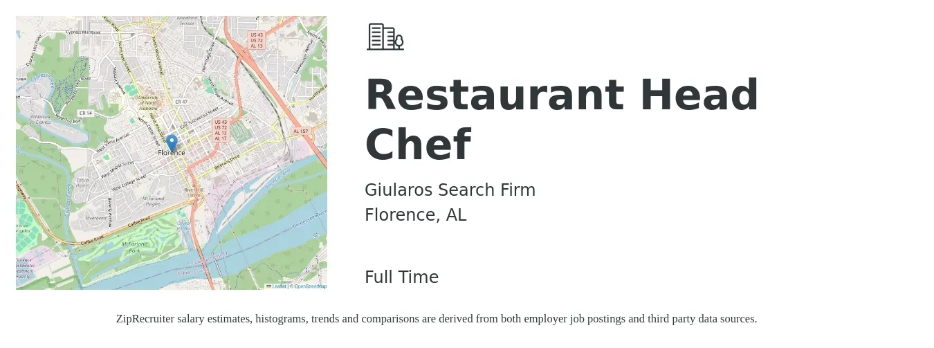 Giularos Search Firm job posting for a Restaurant Head Chef in Florence, AL with a salary of $44,900 to $67,300 Yearly with a map of Florence location.