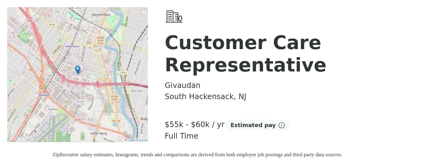 Givaudan job posting for a Customer Care Representative in South Hackensack, NJ with a salary of $55,000 to $60,000 Yearly with a map of South Hackensack location.
