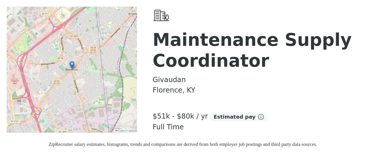 Givaudan job posting for a Maintenance Supply Coordinator in Florence, KY with a salary of $51,000 to $80,000 Yearly with a map of Florence location.