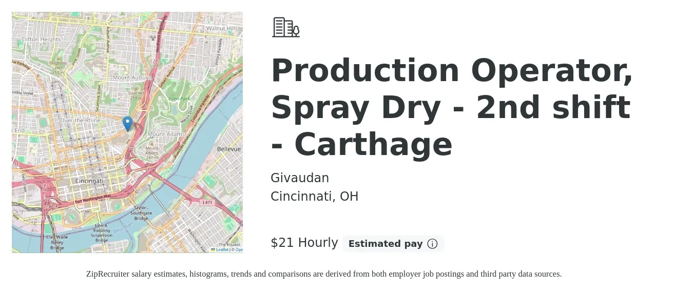 Givaudan job posting for a Production Operator, Spray Dry - 2nd shift - Carthage in Cincinnati, OH with a salary of $22 Hourly with a map of Cincinnati location.