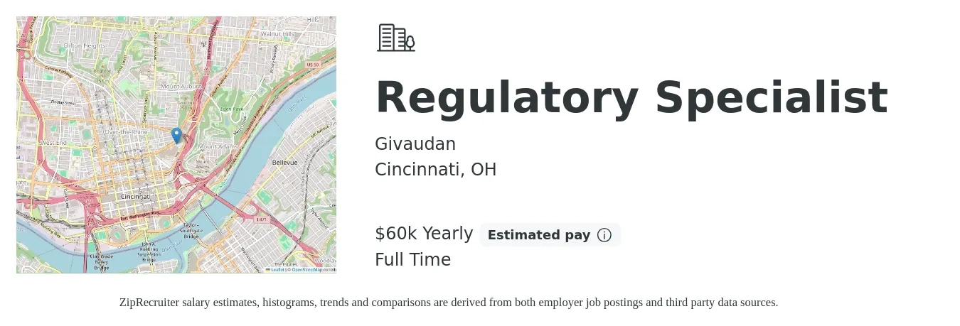 Givaudan job posting for a Regulatory Specialist in Cincinnati, OH with a salary of $60,000 Yearly with a map of Cincinnati location.