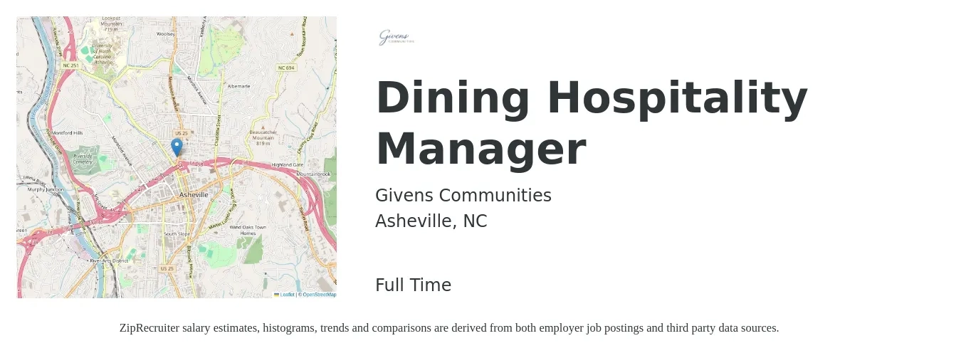 Givens Communities job posting for a Dining Hospitality Manager in Asheville, NC with a salary of $41,600 to $128,600 Yearly with a map of Asheville location.