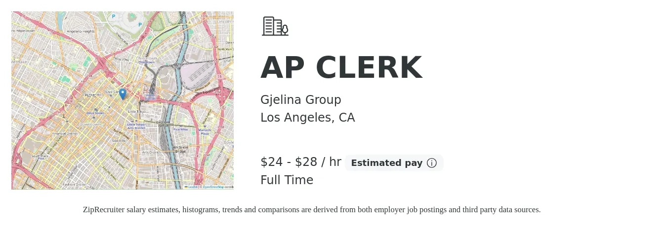 Gjelina Group job posting for a AP CLERK in Los Angeles, CA with a salary of $25 to $30 Hourly with a map of Los Angeles location.