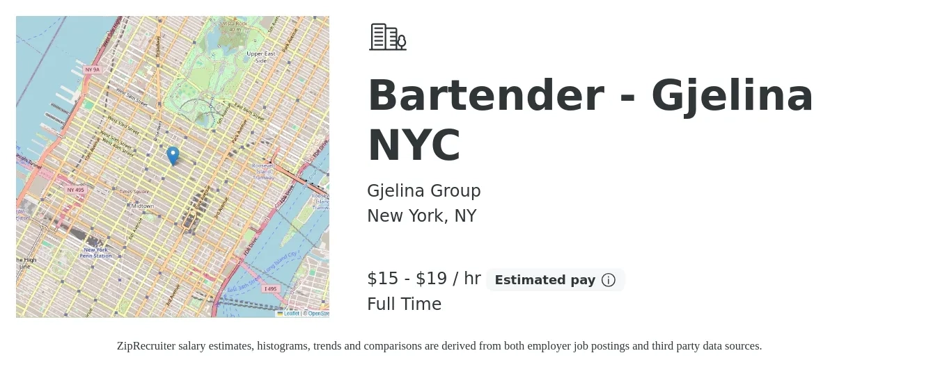 Gjelina Group job posting for a Bartender - Gjelina NYC in New York, NY with a salary of $16 to $20 Hourly with a map of New York location.