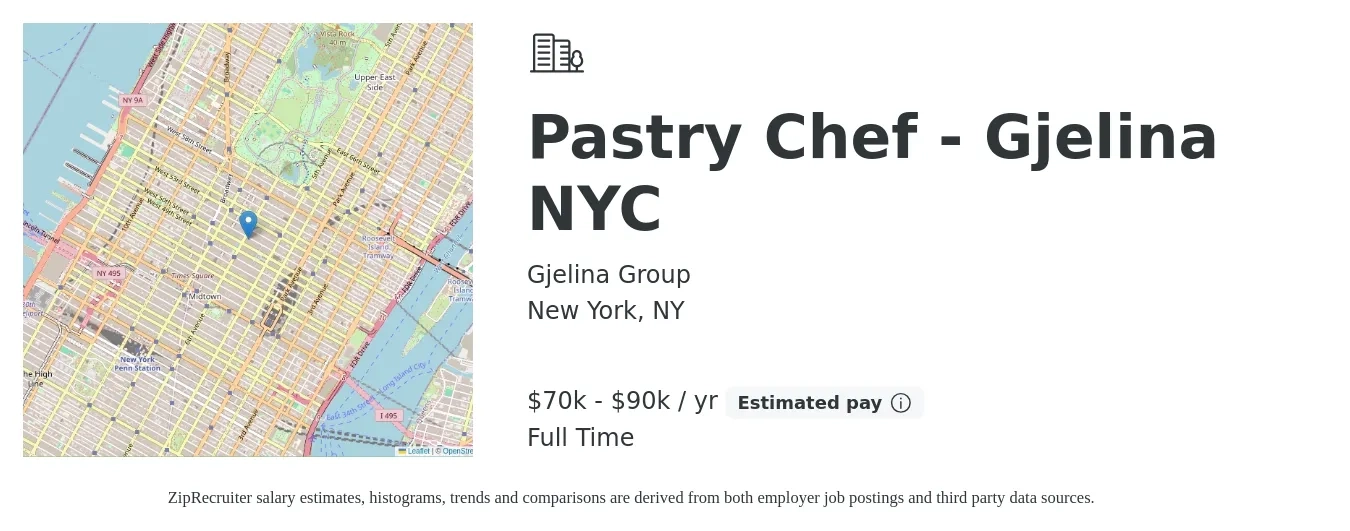 Gjelina Group job posting for a Pastry Chef - Gjelina NYC in New York, NY with a salary of $70,000 to $90,000 Yearly with a map of New York location.