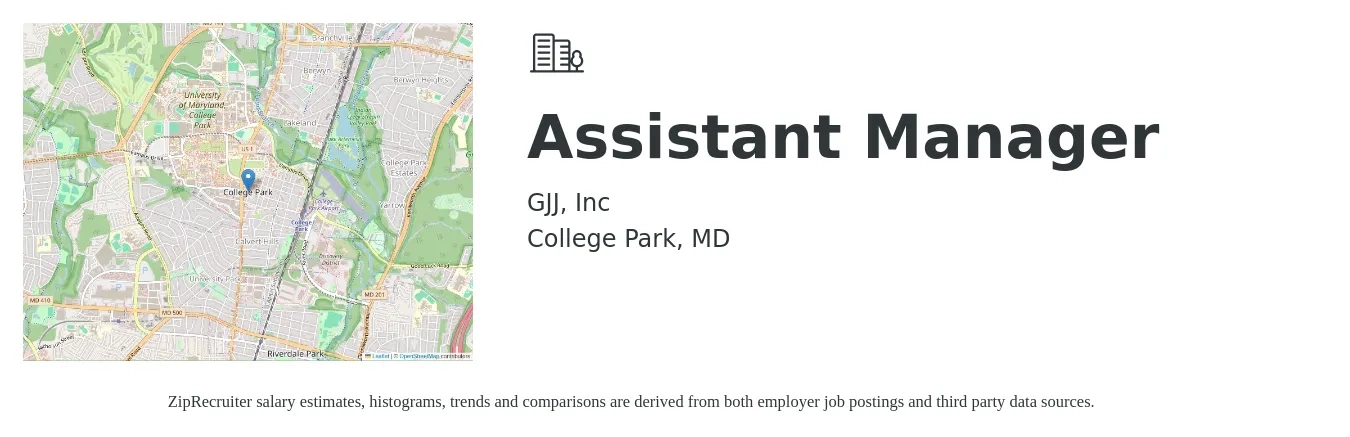 GJJ, Inc job posting for a Assistant Manager in College Park, MD with a salary of $16 to $18 Hourly with a map of College Park location.