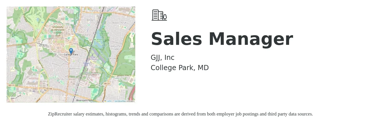 GJJ, Inc job posting for a Sales Manager in College Park, MD with a salary of $50,000 to $65,000 Yearly with a map of College Park location.