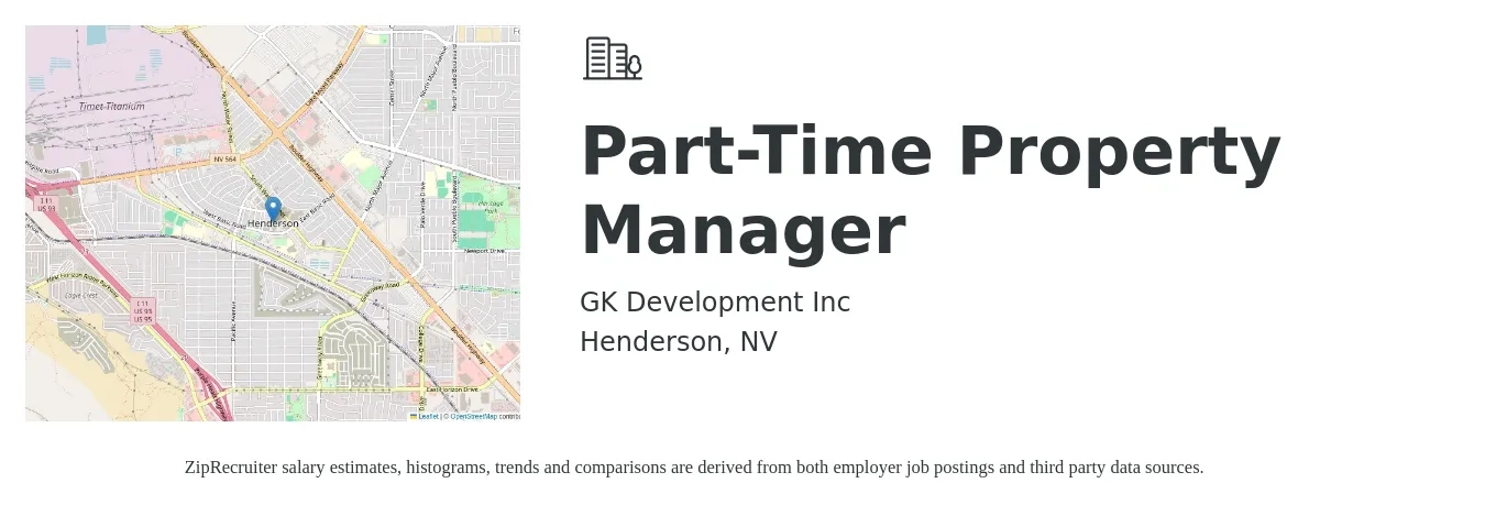 GK Development Inc job posting for a Part-Time Property Manager in Henderson, NV with a salary of $41,000 to $63,300 Yearly with a map of Henderson location.