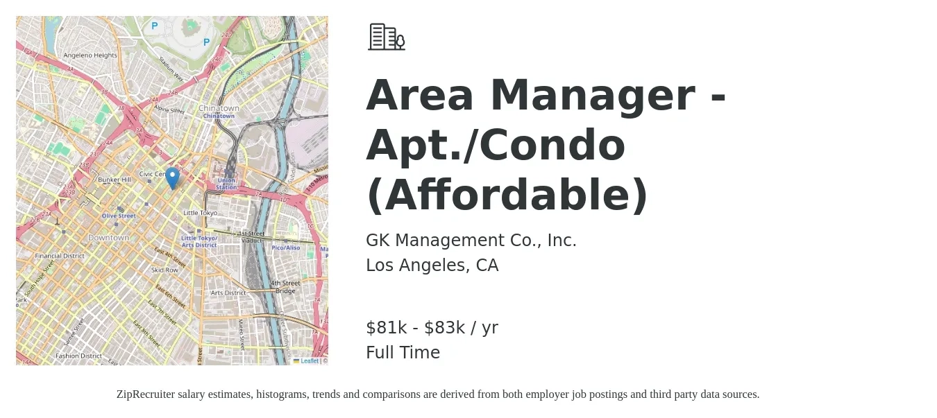 GK Management Co., Inc. job posting for a Area Manager - Apt./Condo (Affordable) in Los Angeles, CA with a salary of $81,000 to $83,000 Yearly with a map of Los Angeles location.
