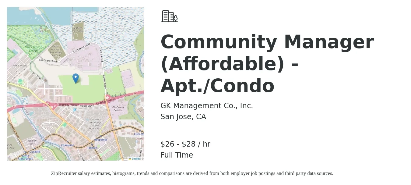 GK Management Co., Inc. job posting for a Community Manager (Affordable) - Apt./Condo in San Jose, CA with a salary of $28 to $30 Hourly with a map of San Jose location.