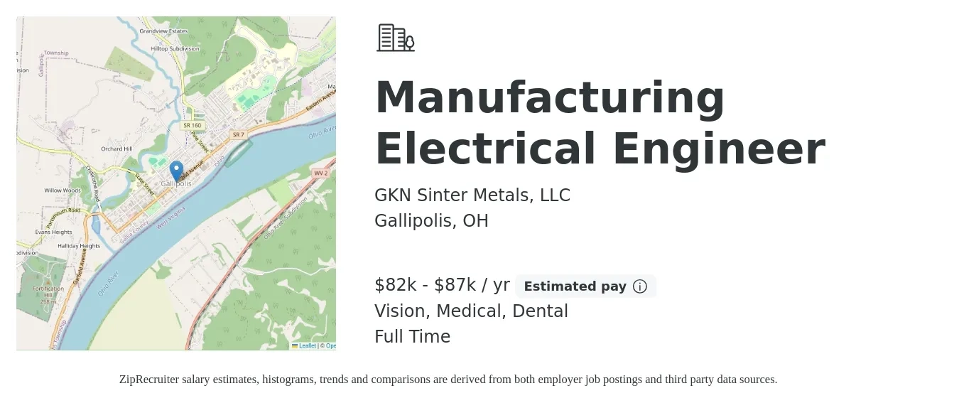 GKN Sinter Metals, LLC job posting for a Manufacturing Electrical Engineer in Gallipolis, OH with a salary of $82,000 to $87,000 Yearly and benefits including medical, pto, retirement, vision, dental, and life_insurance with a map of Gallipolis location.