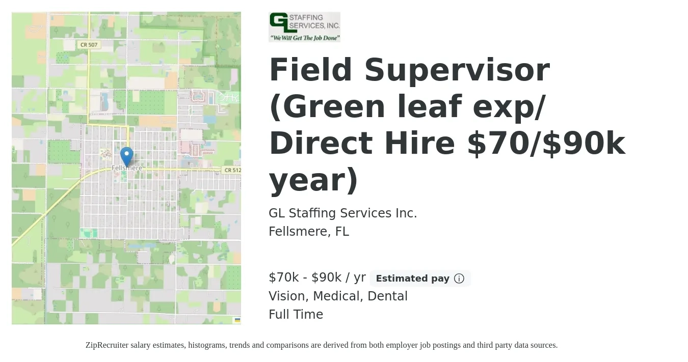 GL Staffing Services Inc. job posting for a Field Supervisor (Green leaf exp/ Direct Hire $70/$90k year) in Fellsmere, FL with a salary of $70,000 to $90,000 Yearly and benefits including vision, dental, and medical with a map of Fellsmere location.