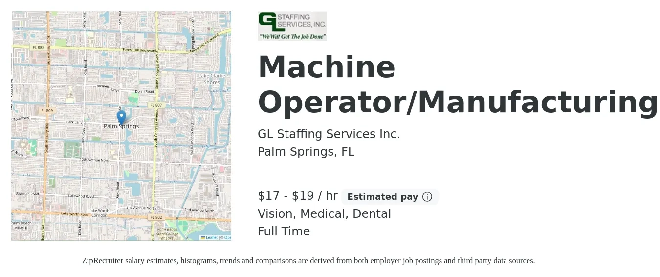 GL Staffing Services Inc. job posting for a Machine Operator/Manufacturing in Palm Springs, FL with a salary of $19 to $20 Hourly and benefits including medical, vision, and dental with a map of Palm Springs location.