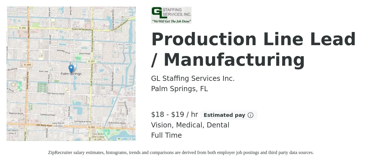 GL Staffing Services Inc. job posting for a Production Line Lead / Manufacturing in Palm Springs, FL with a salary of $19 to $20 Hourly and benefits including medical, vision, and dental with a map of Palm Springs location.