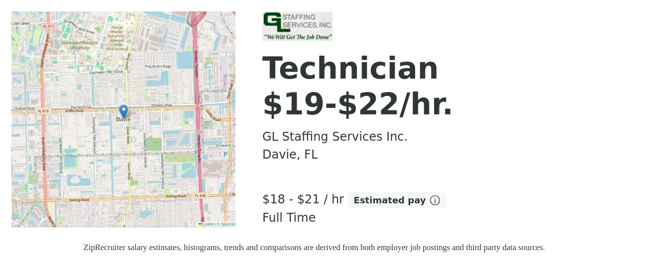GL Staffing Services Inc. job posting for a Technician $19-$22/hr. in Davie, FL with a salary of $19 to $22 Hourly with a map of Davie location.