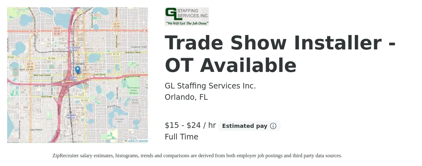 GL Staffing Services Inc. job posting for a Trade Show Installer - OT Available in Orlando, FL with a salary of $16 to $25 Hourly with a map of Orlando location.