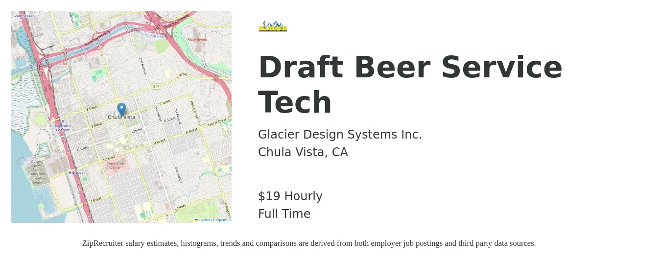 Glacier Design Systems Inc. job posting for a Draft Beer Service Tech in Chula Vista, CA with a salary of $20 Hourly with a map of Chula Vista location.