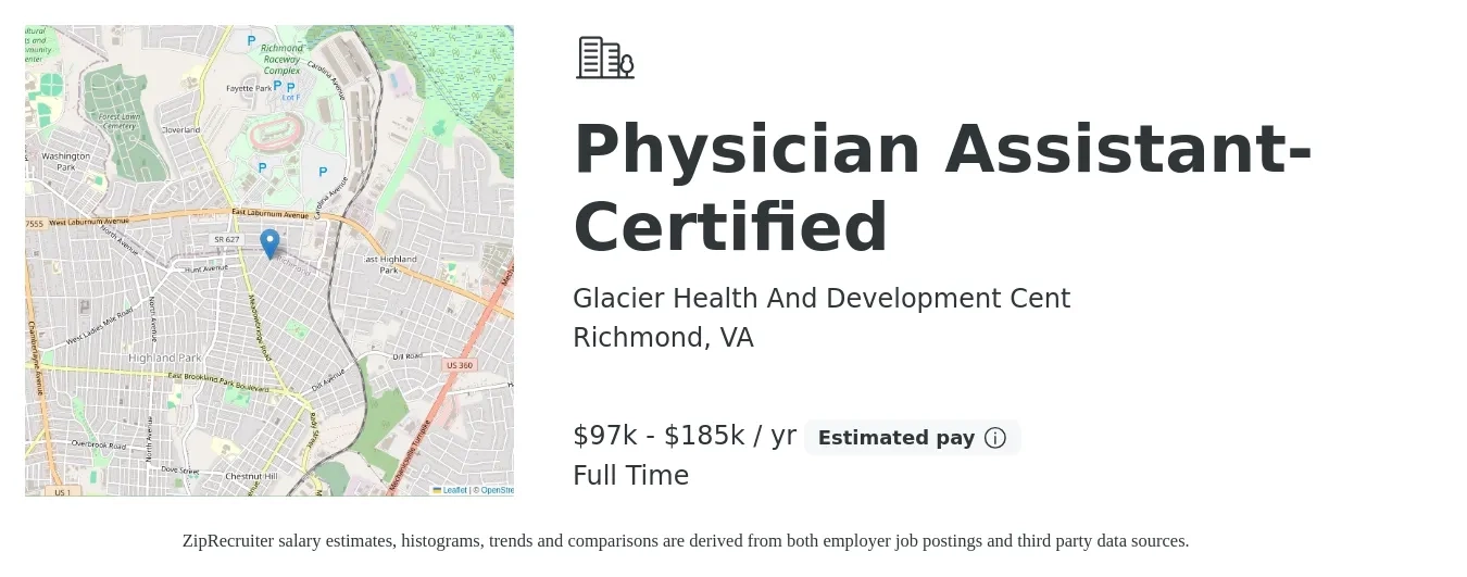 Glacier Health And Development Cent job posting for a Physician Assistant-Certified in Richmond, VA with a salary of $97,500 to $185,000 Yearly with a map of Richmond location.