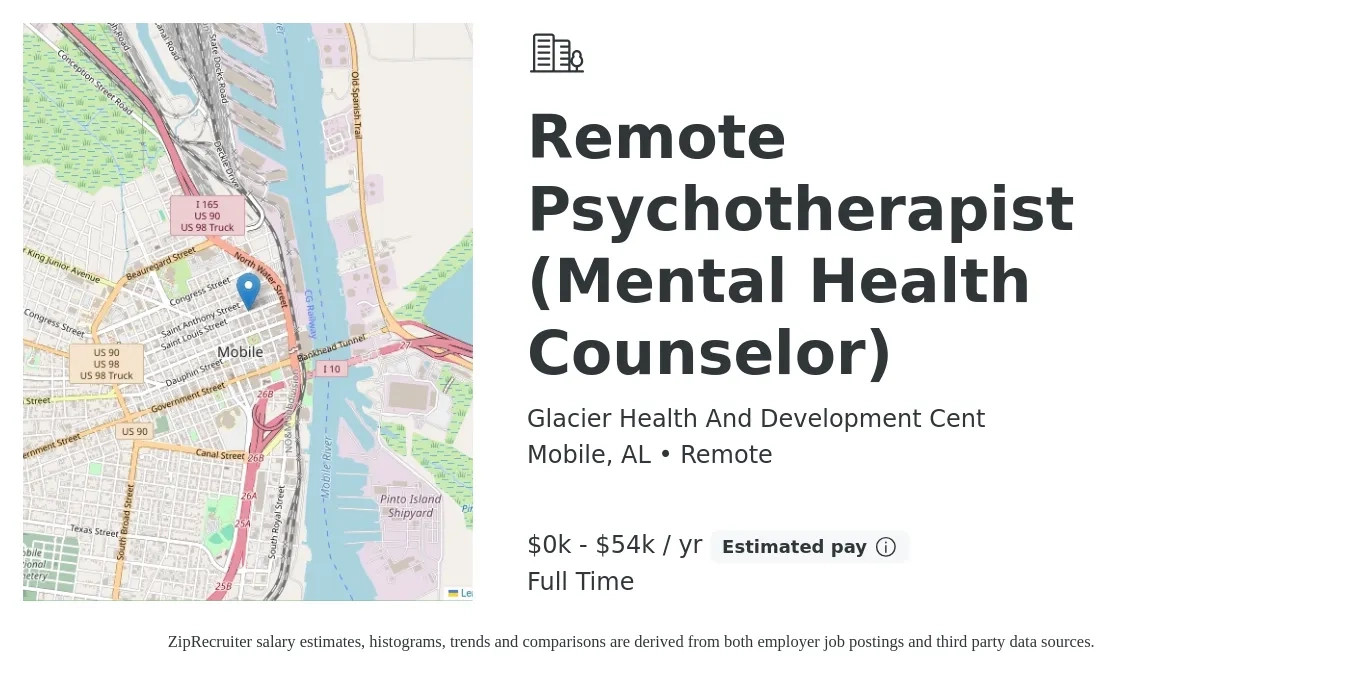 Glacier Health And Development Cent job posting for a Remote Psychotherapist (Mental Health Counselor) in Mobile, AL with a salary of $35 to $54,000 Yearly with a map of Mobile location.