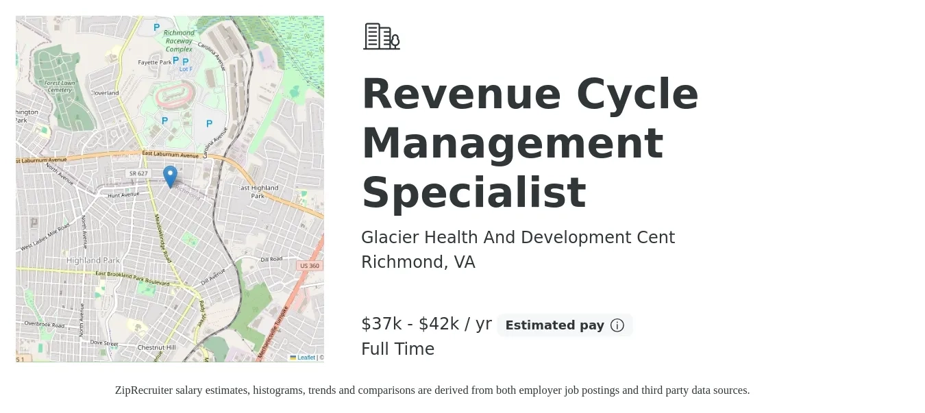 Glacier Health And Development Cent job posting for a Revenue Cycle Management Specialist in Richmond, VA with a salary of $37,400 to $42,900 Yearly with a map of Richmond location.