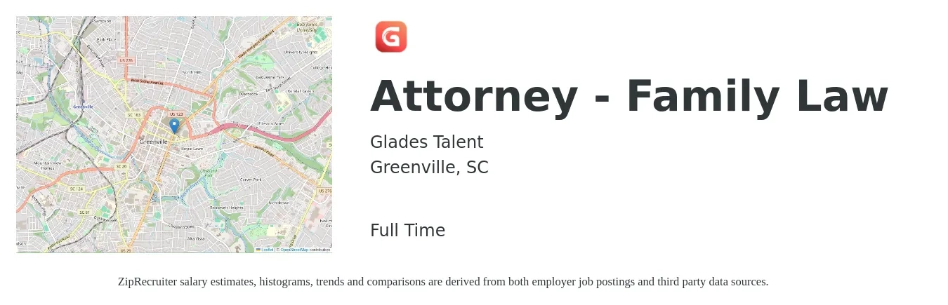 Glades Talent job posting for a Attorney - Family Law in Greenville, SC with a salary of $73,300 to $115,200 Yearly with a map of Greenville location.