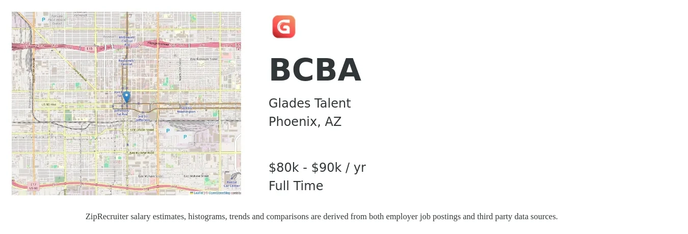 Glades Talent job posting for a BCBA in Phoenix, AZ with a salary of $80,000 to $90,000 Yearly with a map of Phoenix location.