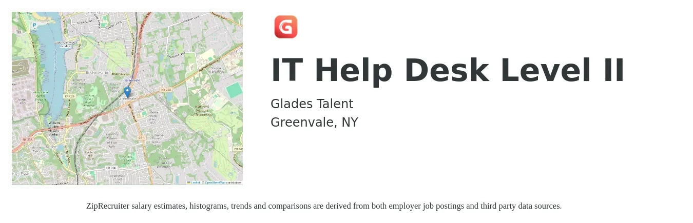 Glades Talent job posting for a IT Help Desk Level II in Greenvale, NY with a salary of $21 to $30 Hourly with a map of Greenvale location.