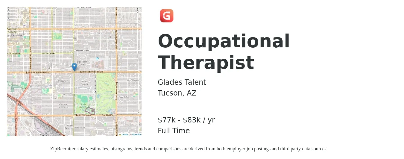 Glades Talent job posting for a Occupational Therapist in Tucson, AZ with a salary of $77,000 to $83,000 Yearly with a map of Tucson location.