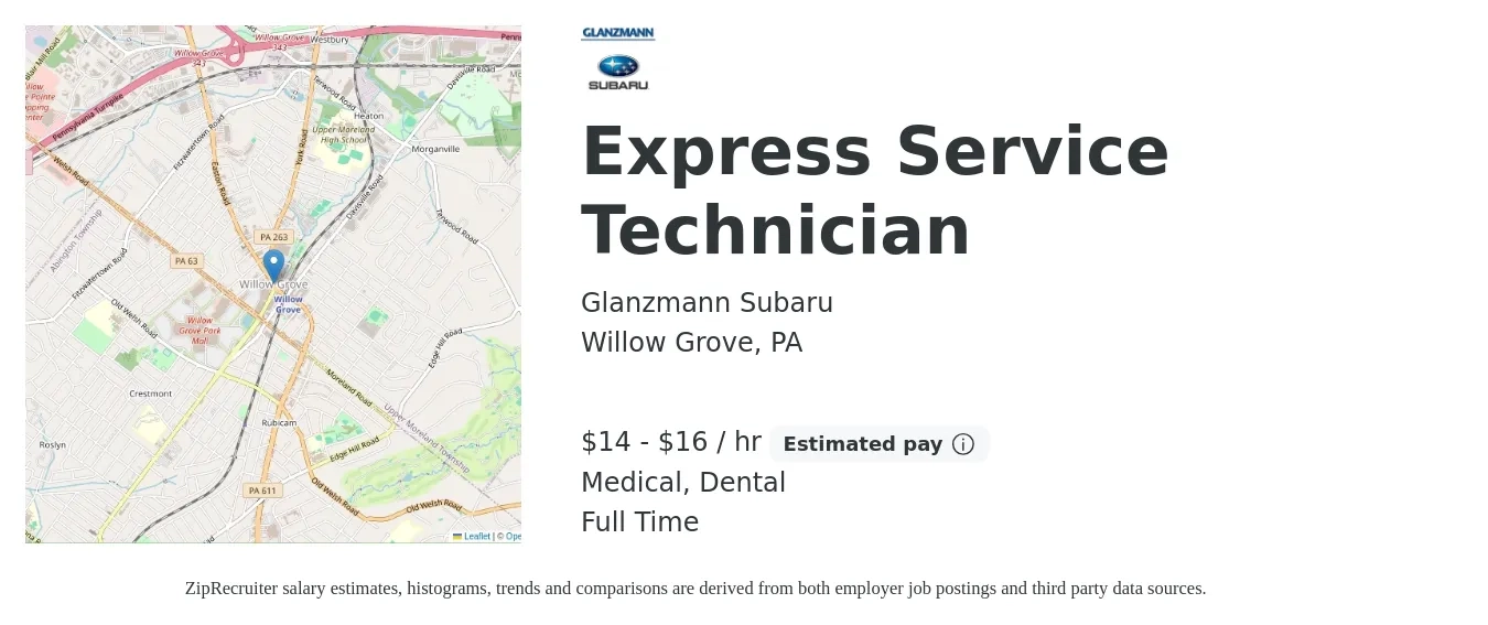 Glanzmann Subaru job posting for a Express Service Technician in Willow Grove, PA with a salary of $15 to $17 Hourly and benefits including medical, pto, retirement, and dental with a map of Willow Grove location.