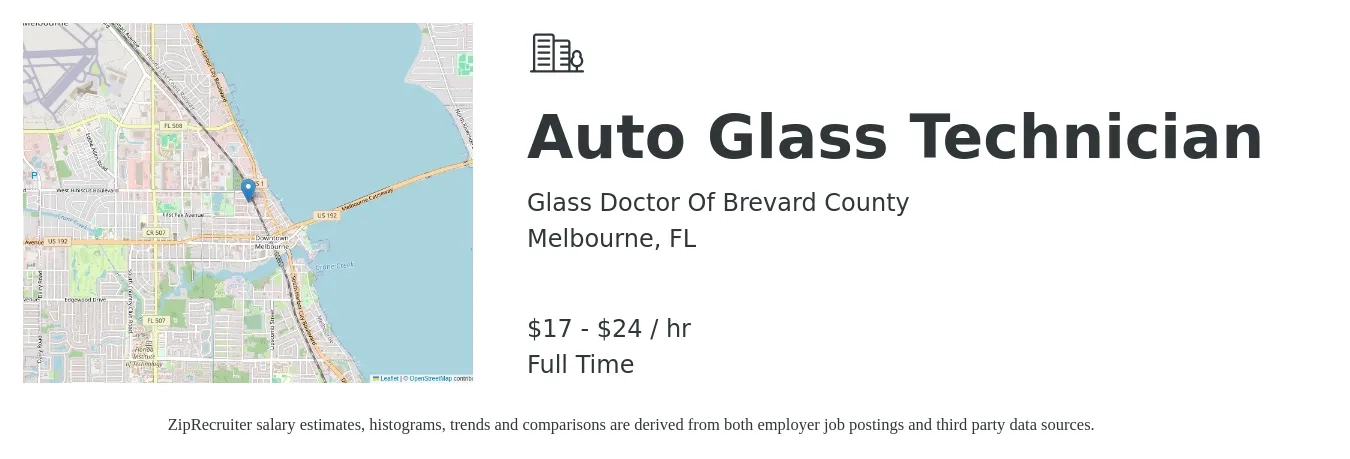Glass Doctor Of Brevard County job posting for a Auto Glass Technician in Melbourne, FL with a salary of $18 to $25 Hourly and benefits including dental, and pto with a map of Melbourne location.