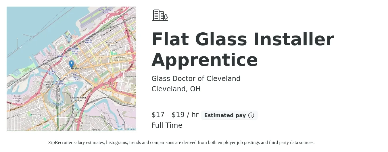 Glass Doctor of Cleveland job posting for a Flat Glass Installer Apprentice in Cleveland, OH with a salary of $18 to $20 Hourly with a map of Cleveland location.