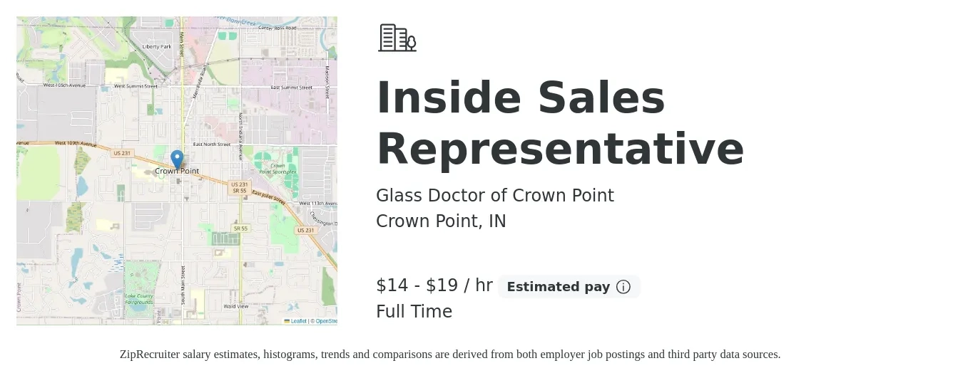 Glass Doctor of Crown Point job posting for a Inside Sales Representative in Crown Point, IN with a salary of $15 to $20 Hourly with a map of Crown Point location.