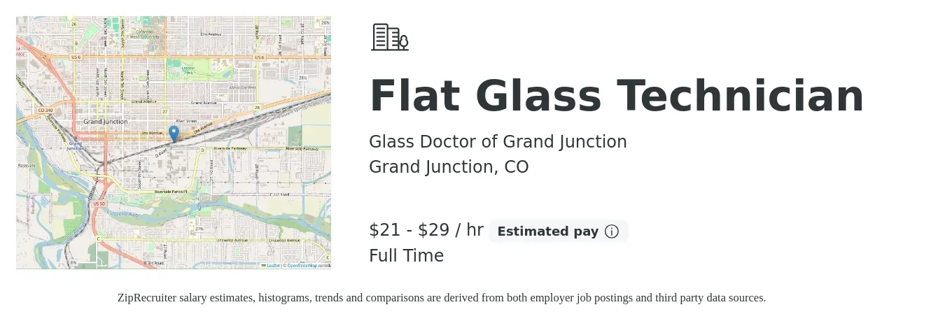 Glass Doctor of Grand Junction job posting for a Flat Glass Technician in Grand Junction, CO with a salary of $22 to $31 Hourly with a map of Grand Junction location.