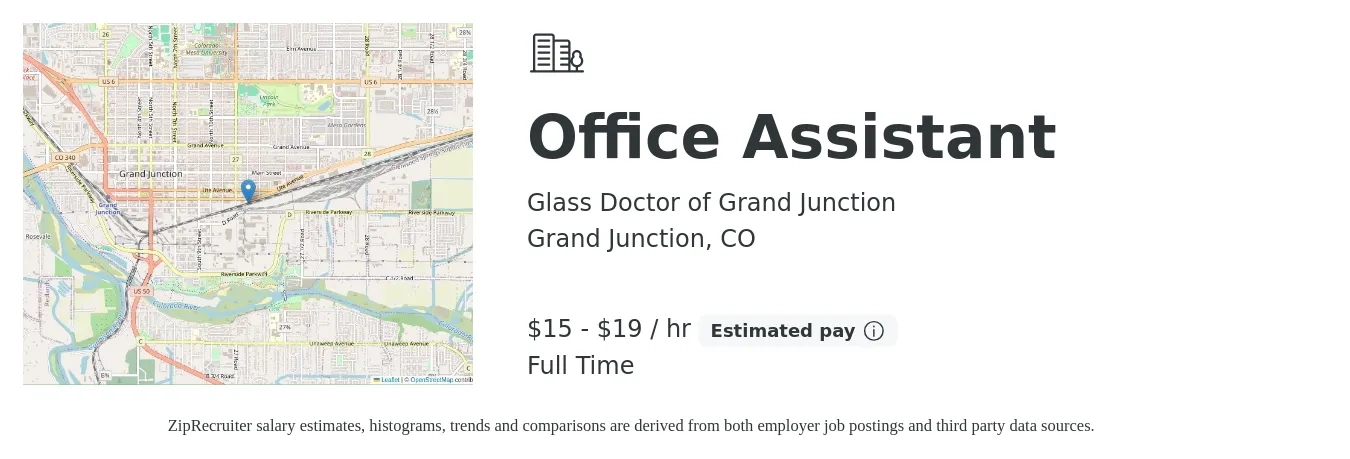 Glass Doctor of Grand Junction job posting for a Office Assistant in Grand Junction, CO with a salary of $16 to $20 Hourly with a map of Grand Junction location.