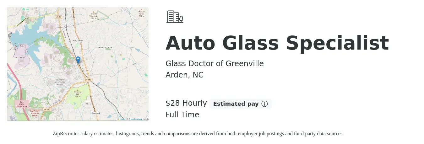 Glass Doctor of Greenville job posting for a Auto Glass Specialist in Arden, NC with a salary of $30 Hourly with a map of Arden location.