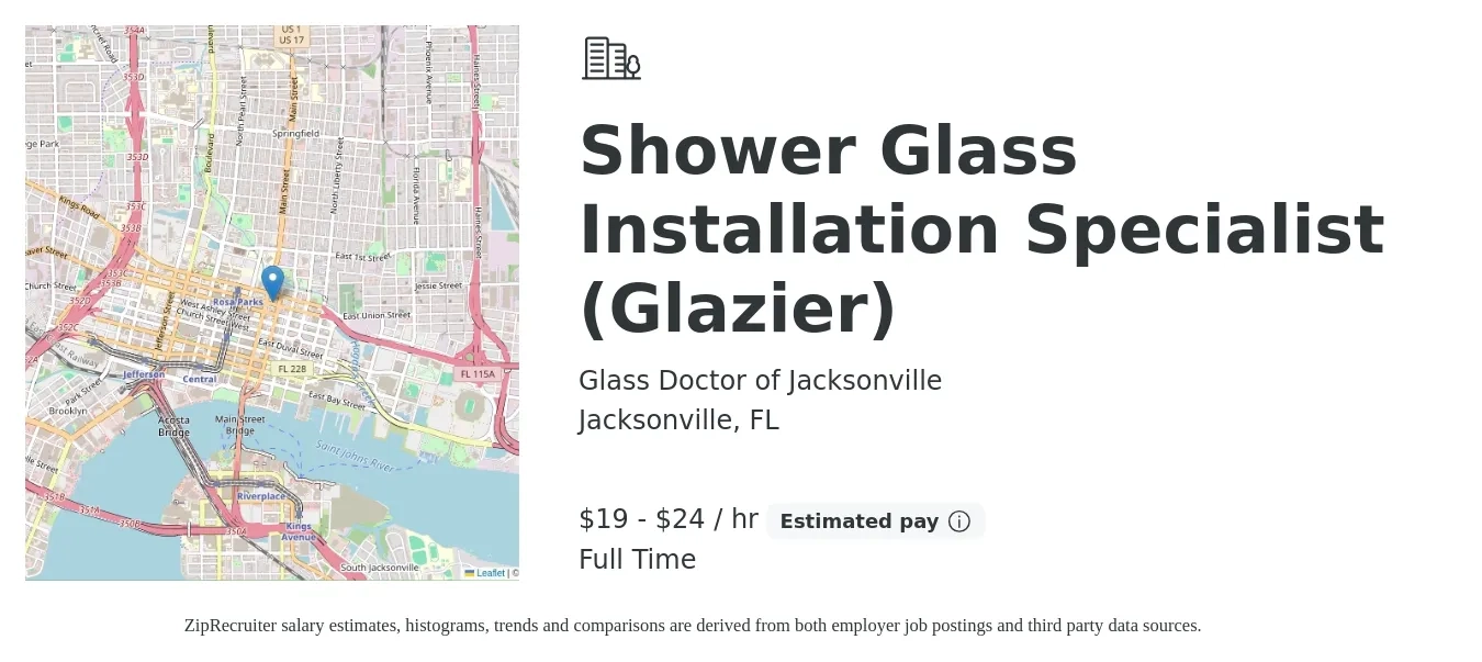 Glass Doctor of Jacksonville job posting for a Shower Glass Installation Specialist (Glazier) in Jacksonville, FL with a salary of $20 to $25 Hourly with a map of Jacksonville location.