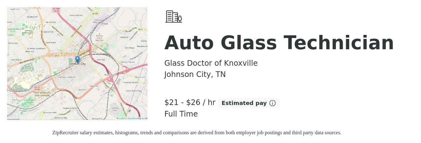 Glass Doctor of Knoxville job posting for a Auto Glass Technician in Johnson City, TN with a salary of $22 to $28 Hourly with a map of Johnson City location.