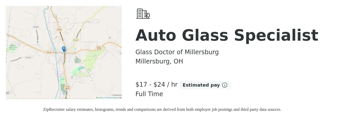 Glass Doctor of Millersburg job posting for a Auto Glass Specialist in Millersburg, OH with a salary of $18 to $25 Hourly with a map of Millersburg location.