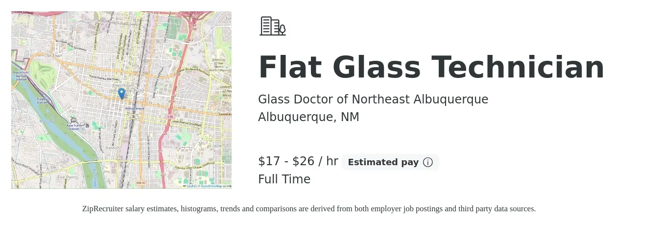 Glass Doctor of Northeast Albuquerque job posting for a Flat Glass Technician in Albuquerque, NM with a salary of $18 to $28 Hourly with a map of Albuquerque location.