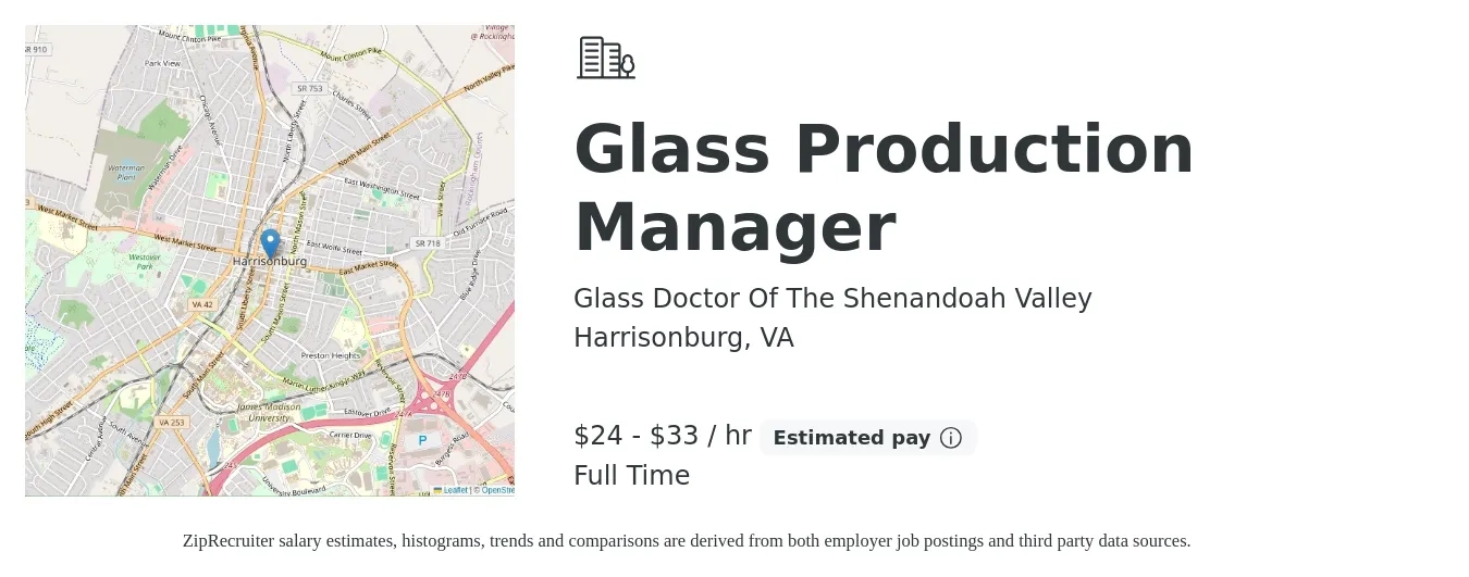 Glass Doctor Of The Shenandoah Valley job posting for a Glass Production Manager in Harrisonburg, VA with a salary of $25 to $35 Hourly with a map of Harrisonburg location.