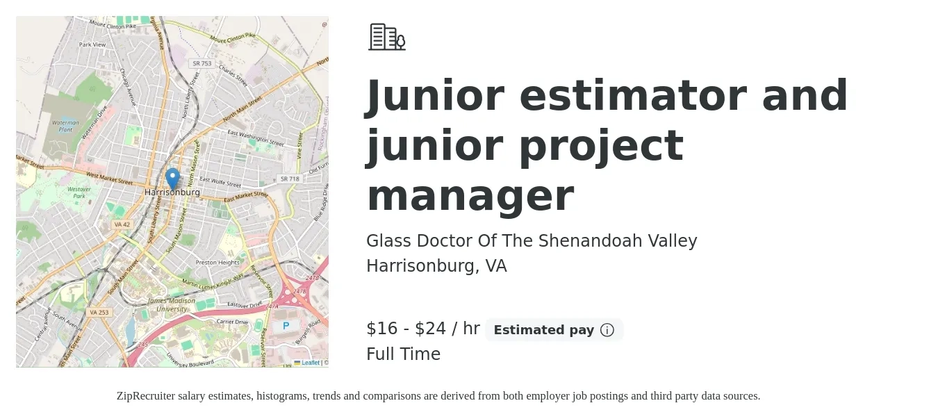 Glass Doctor Of The Shenandoah Valley job posting for a Junior estimator and junior project manager in Harrisonburg, VA with a salary of $17 to $25 Hourly with a map of Harrisonburg location.