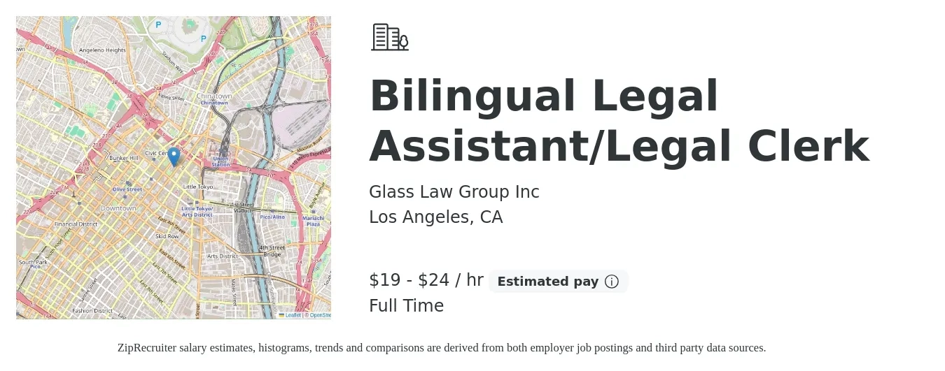 Glass Law Group Inc job posting for a Bilingual Legal Assistant/Legal Clerk in Los Angeles, CA with a salary of $20 to $25 Hourly with a map of Los Angeles location.