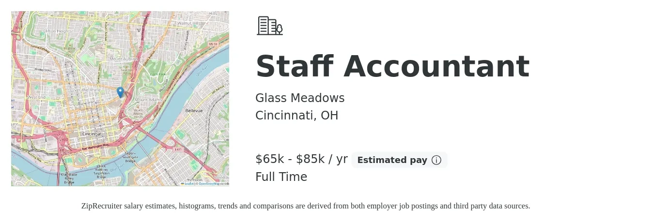 Glass Meadows job posting for a Staff Accountant in Cincinnati, OH with a salary of $65,000 to $85,000 Yearly with a map of Cincinnati location.