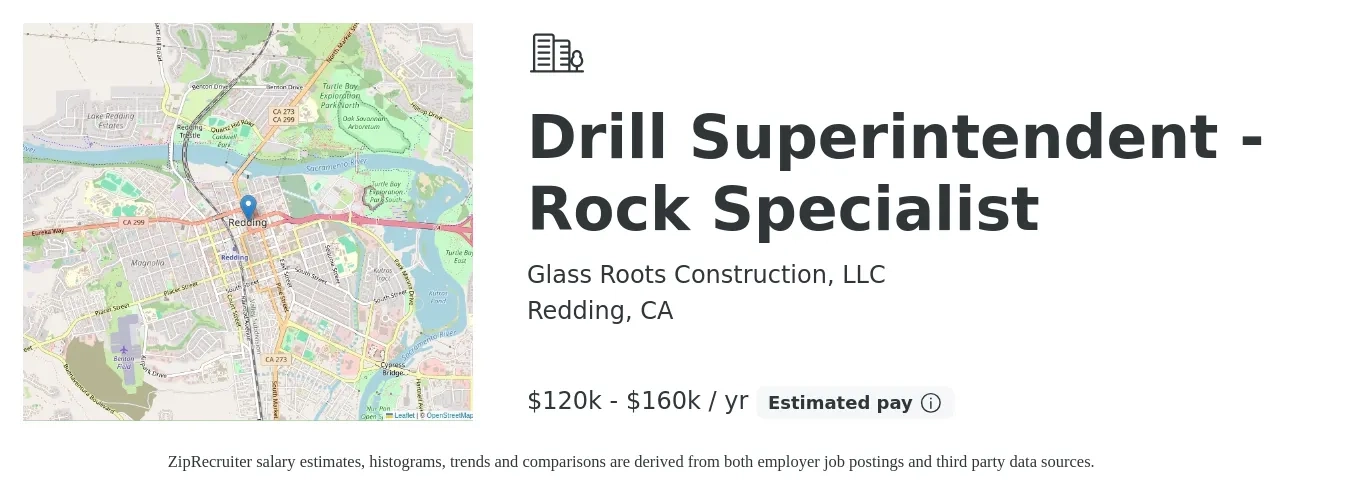 Glass Roots Construction, LLC job posting for a Drill Superintendent - Rock Specialist in Redding, CA with a salary of $120,000 to $160,000 Yearly with a map of Redding location.