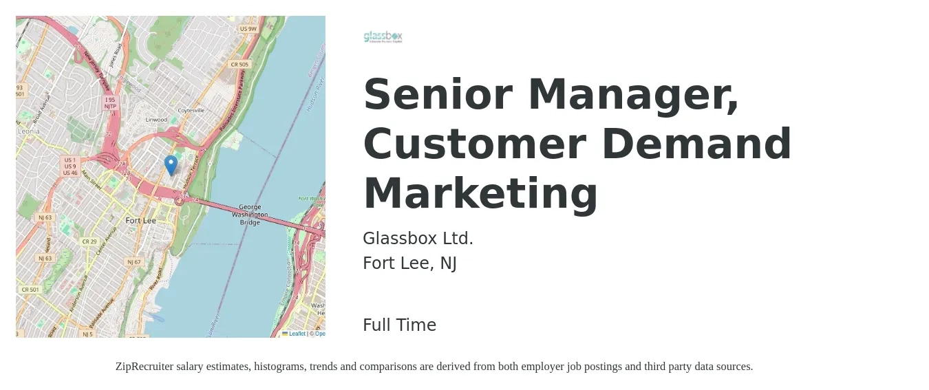 Glassbox Ltd. job posting for a Senior Manager, Customer Demand Marketing in Fort Lee, NJ with a salary of $93,900 to $136,700 Yearly with a map of Fort Lee location.