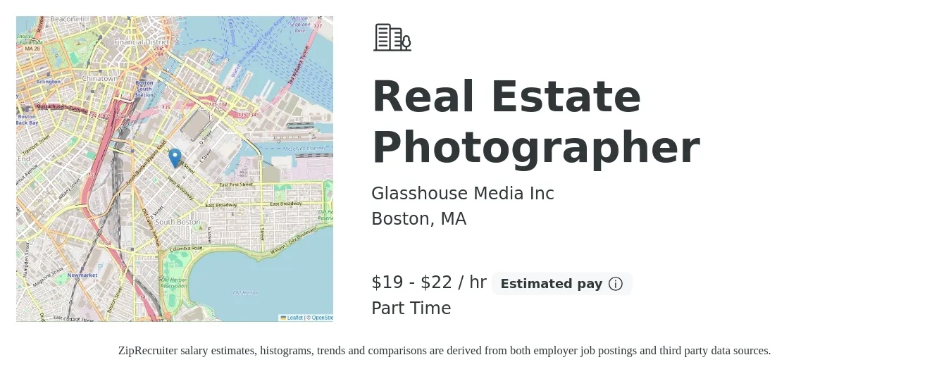 Glasshouse Media Inc job posting for a Real Estate Photographer in Boston, MA with a salary of $20 to $23 Hourly with a map of Boston location.